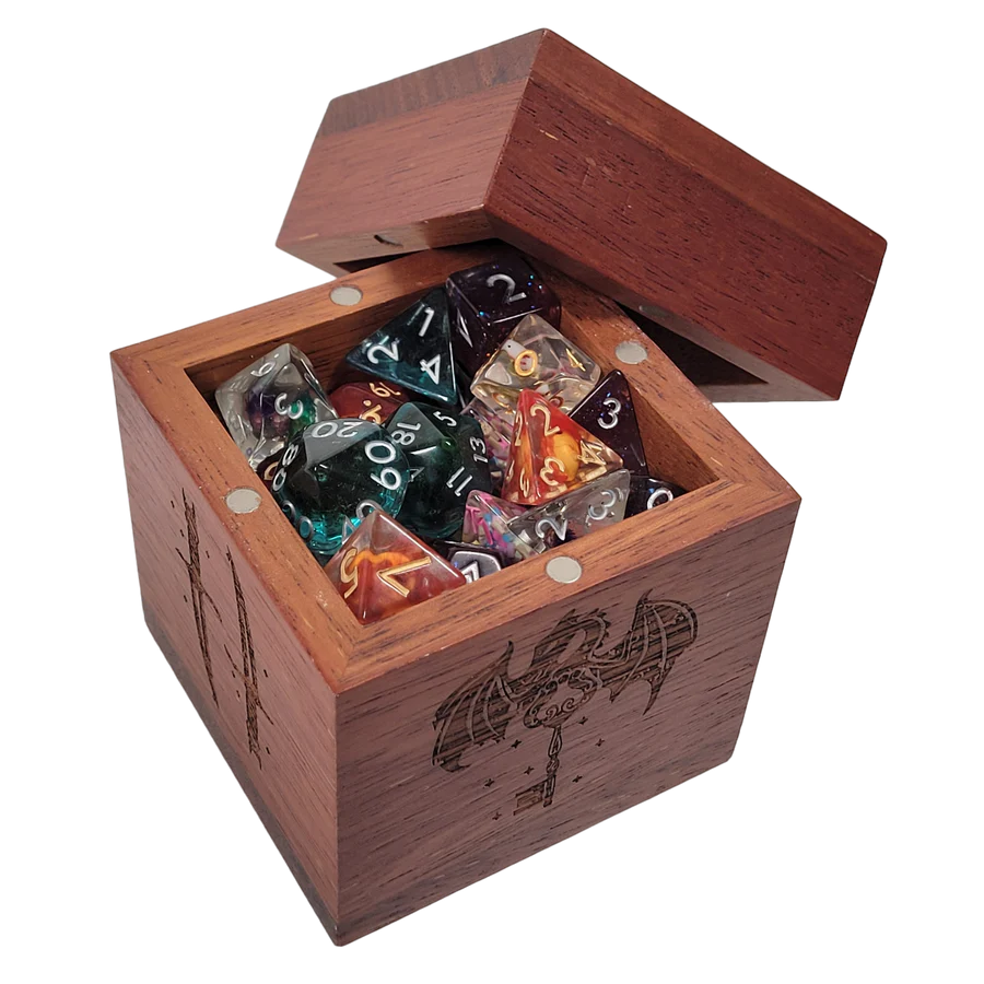 Forged Etched Wooden Storage Box with Magnetic Lid - Holds up to 42 Metal or Plastic Polyhedral Dice D&D Accessory Forged Gaming    | Red Claw Gaming