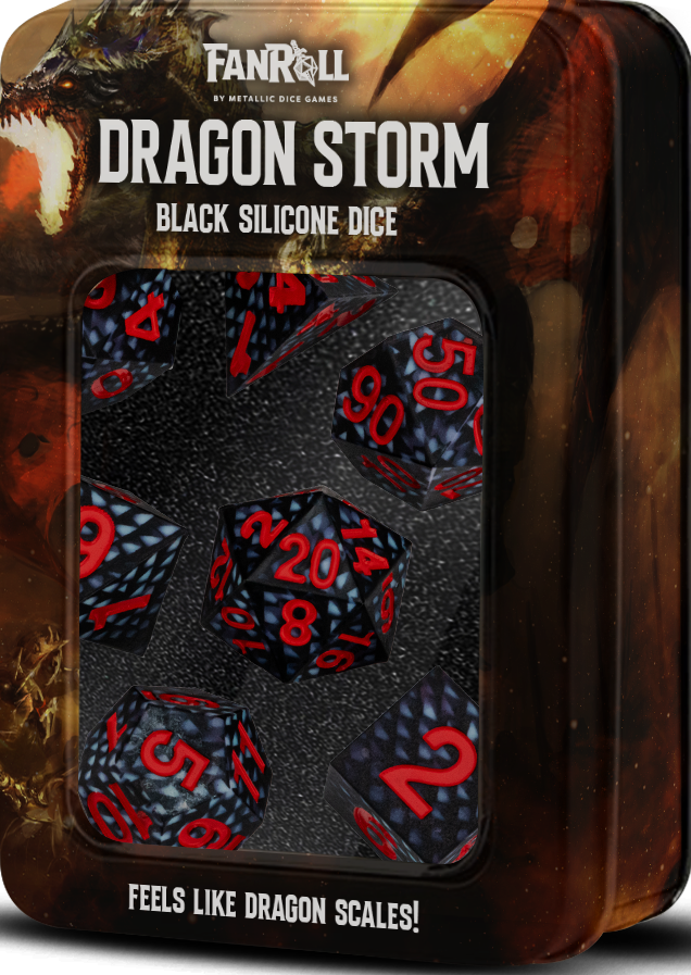 Silicone 7 Dice Set Sharp Edge Dragon Storm Black Dice FanRoll Dice    | Red Claw Gaming