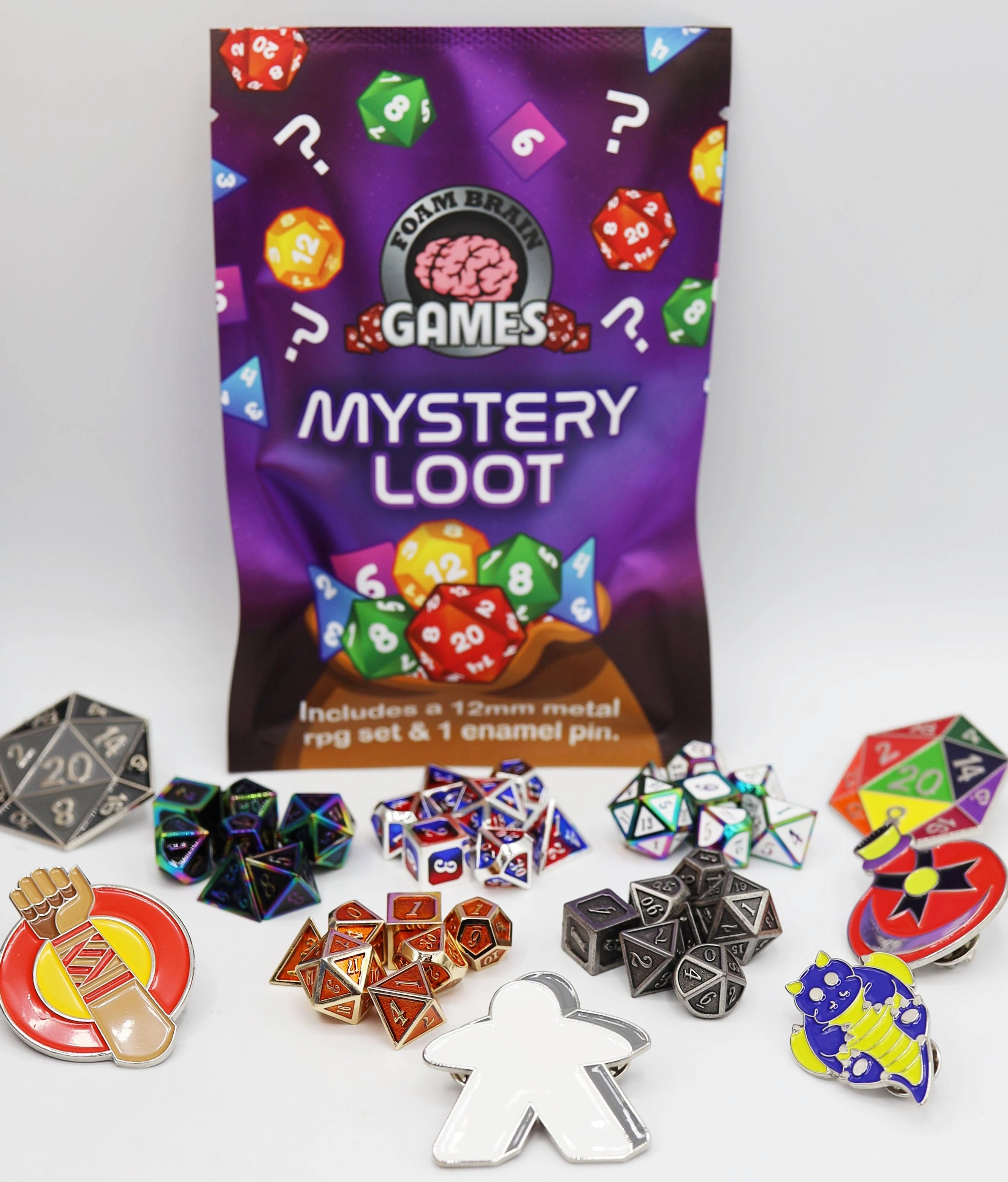 Mystery Loot: Metal Mini RPG Dice, with Enamel Pin Dice & Counters Foam Brain Games    | Red Claw Gaming