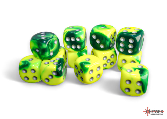 Gemini Green-Yellow/silver 16mm d6 Dice Block (12 dice) | Red Claw Gaming