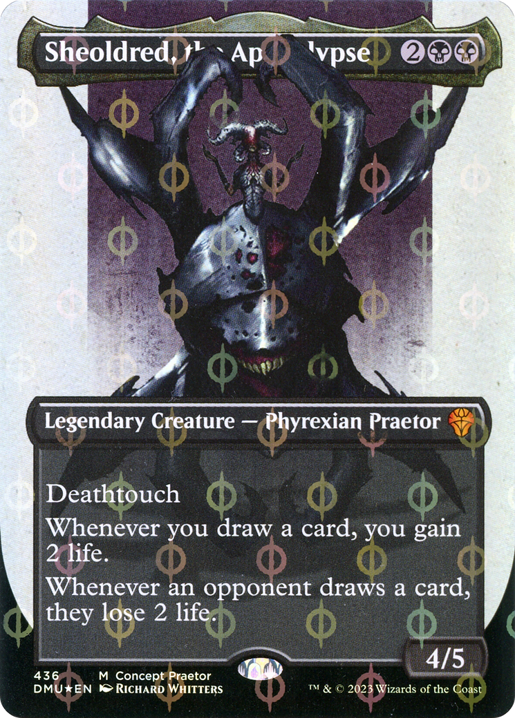 Sheoldred, the Apocalypse (Borderless Concept Praetors Step-and-Compleat Foil) [Phyrexia: All Will Be One] MTG Single Magic: The Gathering | Red Claw Gaming