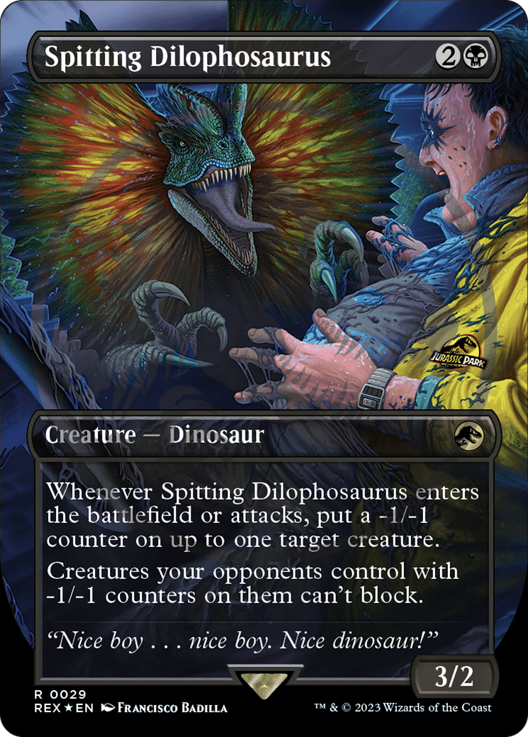 Spitting Dilophosaurus (Emblem) (Borderless) [Jurassic World Collection Tokens] MTG Single Magic: The Gathering | Red Claw Gaming