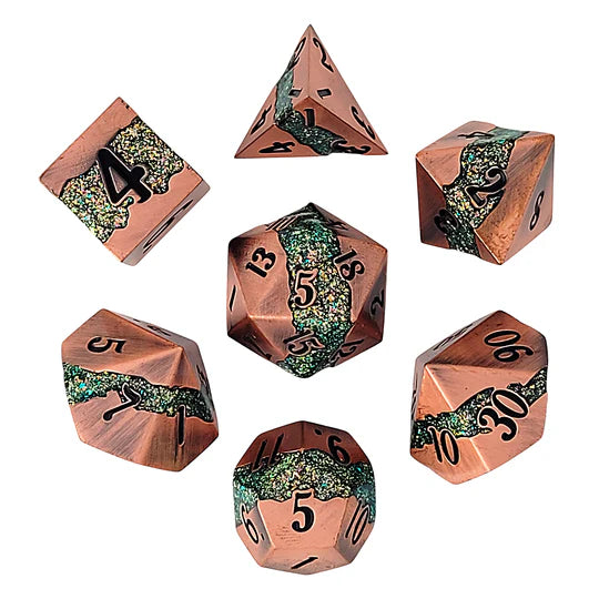 Galactic Flow Copper Green 7-Piece Metal Dice Set D&D Accessory Forged Gaming    | Red Claw Gaming