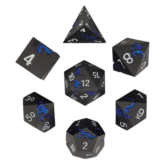 Dragons Flight Matte Gun Metal Blue Glitter Metal RPG Dice Set of 7 D&D Accessory Forged Gaming | Red Claw Gaming