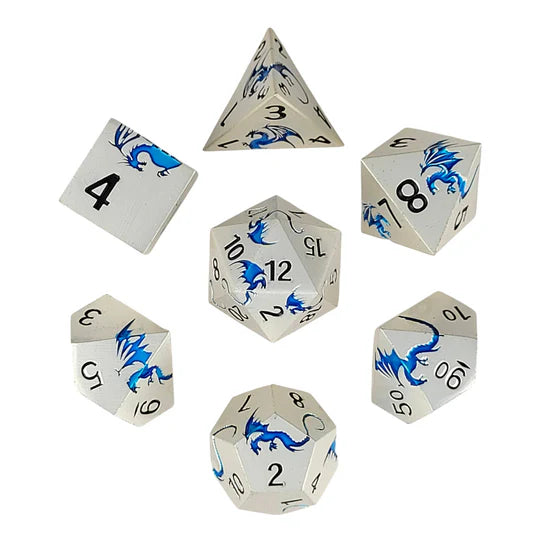 Dragons Flight Matte Silver Blue Metal RPG Dice Set of 7 D&D Accessory Forged Gaming | Red Claw Gaming