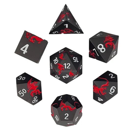 Dragons Flight Matte Gun Metal Red Metal RPG Dice Set of 7 D&D Accessory Forged Gaming | Red Claw Gaming