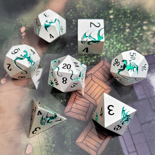 Dragons Flight Matte Silver Green Metal RPG Dice Set of 7 | Red Claw Gaming