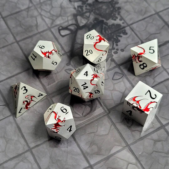 Dragons Flight Matte Silver Red Metal RPG Dice Set of 7 D&D Accessory Forged Gaming | Red Claw Gaming