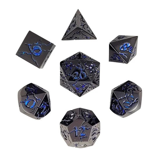 Cracked Gunmetal Gloss with Blue Glitter Set of 7 Metal Dice Set D&D Accessory Forged Gaming | Red Claw Gaming