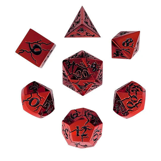 Cracked Red with Black Enamel Set of 7 Metal Dice Set D&D Accessory Forged Gaming | Red Claw Gaming