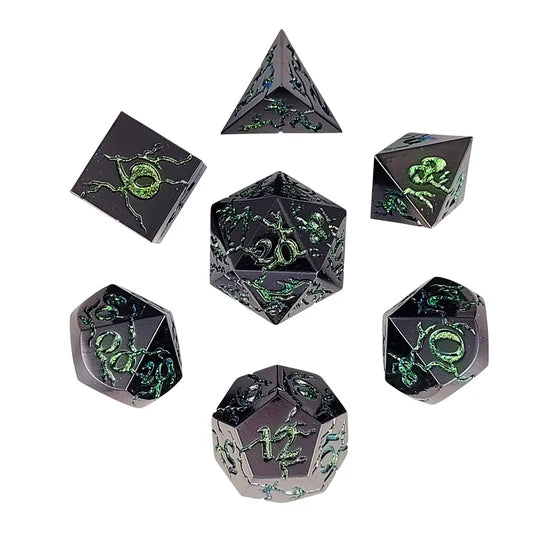 Cracked Gunmetal Gloss with Green Glitter Set of 7 Metal Dice Set D&D Accessory Forged Gaming | Red Claw Gaming