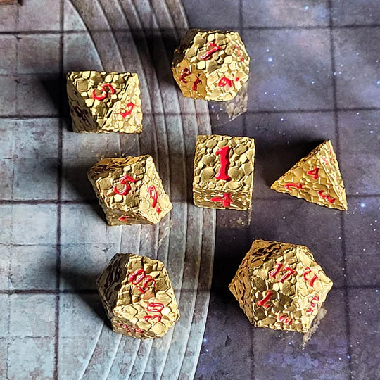 Meteorite Gold Metal Rpg Dice Set of 7 D&D Accessory Forged Gaming | Red Claw Gaming