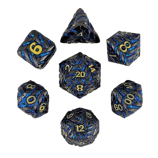 Cosmic Energy Gunmetal Blue with Gold Numbers Metal RPG Dice Set of 7 | Red Claw Gaming