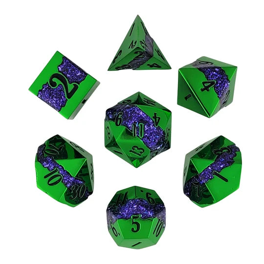 Galactic Flow Green Purple Metal RPG Dice Set of 7 | Red Claw Gaming