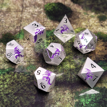 Dragons Flight Matte Silver Purple Metal RPG Dice Set of 7 | Red Claw Gaming