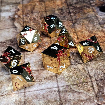 Dragons Flight Polished Gold Red Metal RPG Dice Set of 7 | Red Claw Gaming