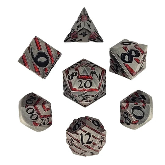Banded Brushed Silver Red Metal RPG Dice Set of 7 | Red Claw Gaming