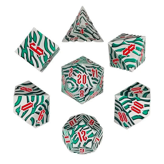 Tiger Stripe Silver Green Metal RPG Dice Set of 7 | Red Claw Gaming