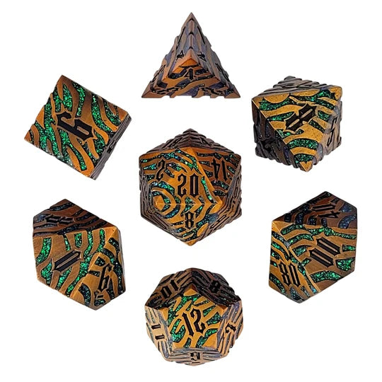 Tiger Stripe Bronze Green Glitter Metal RPG Dice Set of 7 | Red Claw Gaming