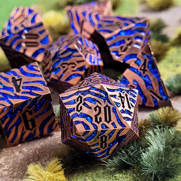Tiger Stripe Copper Blue Glitter Metal RPG Dice Set of 7 | Red Claw Gaming