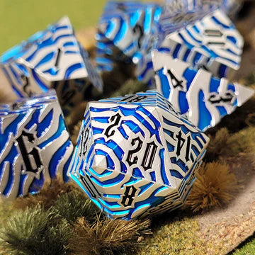 Tiger Stripe Silver Blue Metal RPG Dice Set of 7 | Red Claw Gaming