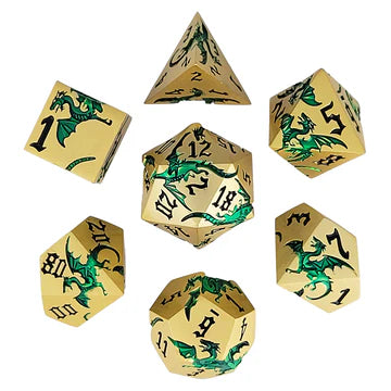 Dragon Attack Gold Green Metal RPG Dice Set of 7 | Red Claw Gaming