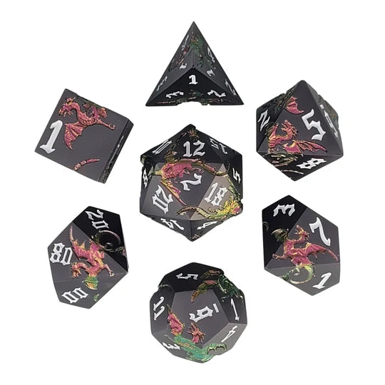 Dragon Attack Gunmetal Matte Pink Gold Glitter Metal RPG Dice Set of 7 | Red Claw Gaming