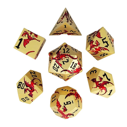 Dragon Attack Gold Red Metal RPG Dice Set of 7 | Red Claw Gaming