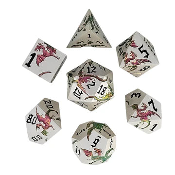 Dragon Attack Silver Purple Green Color Shift Metal RPG Dice Set of 7 | Red Claw Gaming