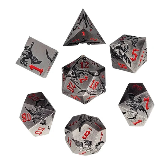Dragon Attack Nickel Black Red Metal RPG Dice Set of 7 | Red Claw Gaming