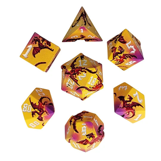 Dragon Attack Yellow Red Metal RPG Dice Set of 7 | Red Claw Gaming