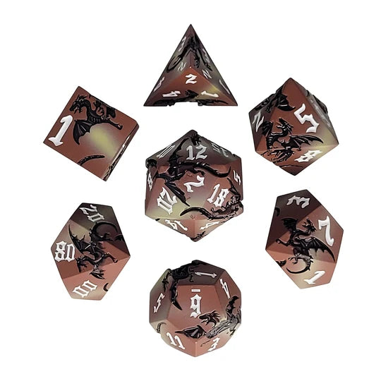 Dragon Attack Brown Black Metal RPG Dice Set of 7 | Red Claw Gaming