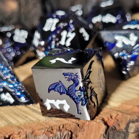 Dragon Attack Gunmetal Gloss Blue Metal RPG Dice Set of 7 | Red Claw Gaming