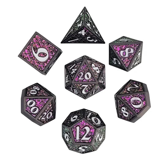 Dragon Scale Gunmetal Matte Purple Glitter Set of 7 Metal Dice | Red Claw Gaming