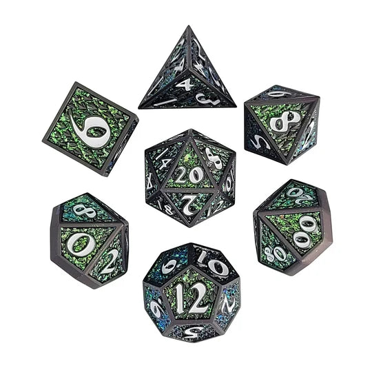 Dragon Scale Gunmetal Matte Green Glitter Set of 7 Metal Dice D&D Accessory Forged Gaming | Red Claw Gaming