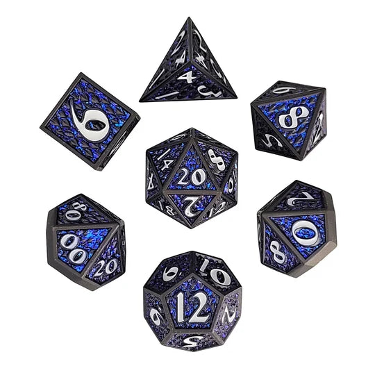 Dragon Scale Gunmetal Matte Blue Glitter Set of 7 Metal Dice D&D Accessory Forged Gaming | Red Claw Gaming