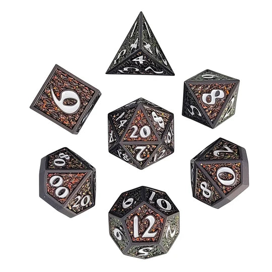 Dragon Scale Gunmetal Matte Amber Glitter Set of 7 Metal Dice | Red Claw Gaming