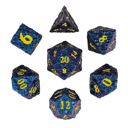 Meteorite Blue Purple Color Shift Yellow Numbers Metal RPG Dice Set of 7 | Red Claw Gaming