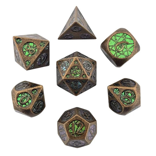Tangled Void Bronze Green Metal RPG Dice Set of 7 | Red Claw Gaming