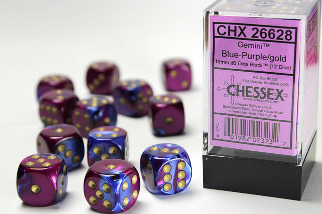 GEMINI 12D6 BLUE - PURPLE WITH GOLD 16MM Dice Chessex    | Red Claw Gaming