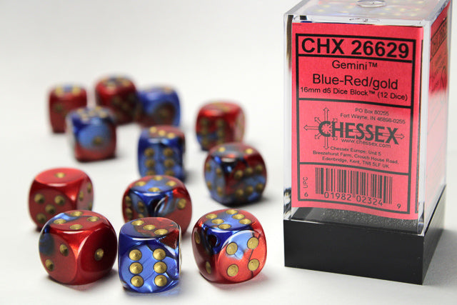 GEMINI 12D6 BLUE-RED  WITH GOLD 16MM Dice Chessex    | Red Claw Gaming