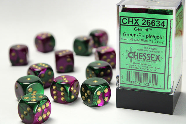 GEMINI 12D6 GREEN-PURPLE WITH GOLD 16MM Dice Chessex    | Red Claw Gaming