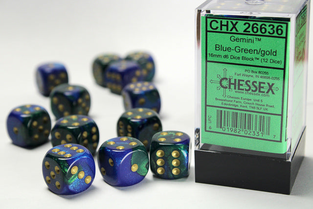 GEMINI 12D6 BLLUE-GREEN  WITH GOLD 16MM Dice Chessex    | Red Claw Gaming