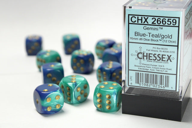 GEMINI 12D6 BLUE-TEAL WITH GOLD 16MM Dice Chessex    | Red Claw Gaming