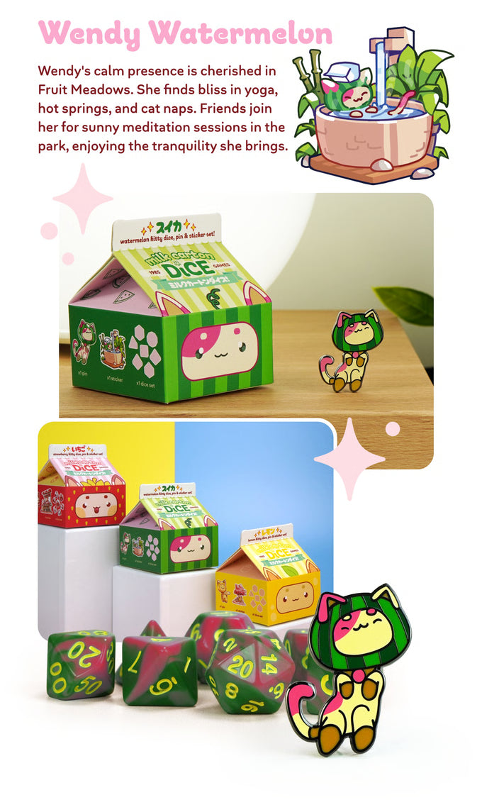 Fruit Meadows Milk Cartons: Kawaii Cat Dice Set - Watermelon Dice 1985 Games | Red Claw Gaming