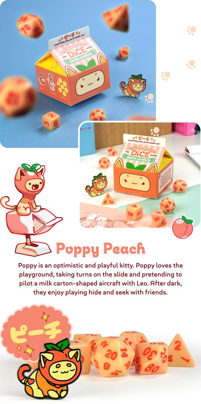 Fruit Meadows Milk Cartons: Kawaii Cat Dice Set - Peach Dice 1985 Games | Red Claw Gaming
