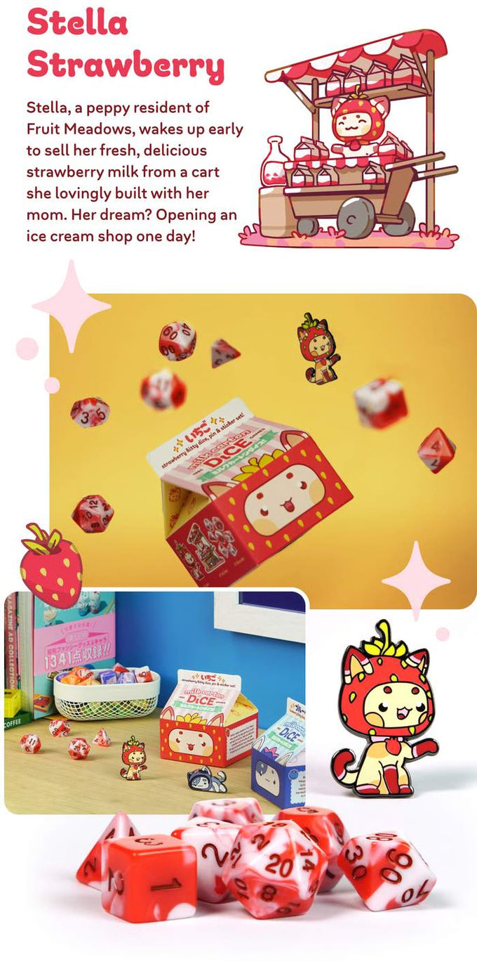 Fruit Meadows Milk Cartons: Kawaii Cat Dice Set - Strawberry Dice 1985 Games | Red Claw Gaming