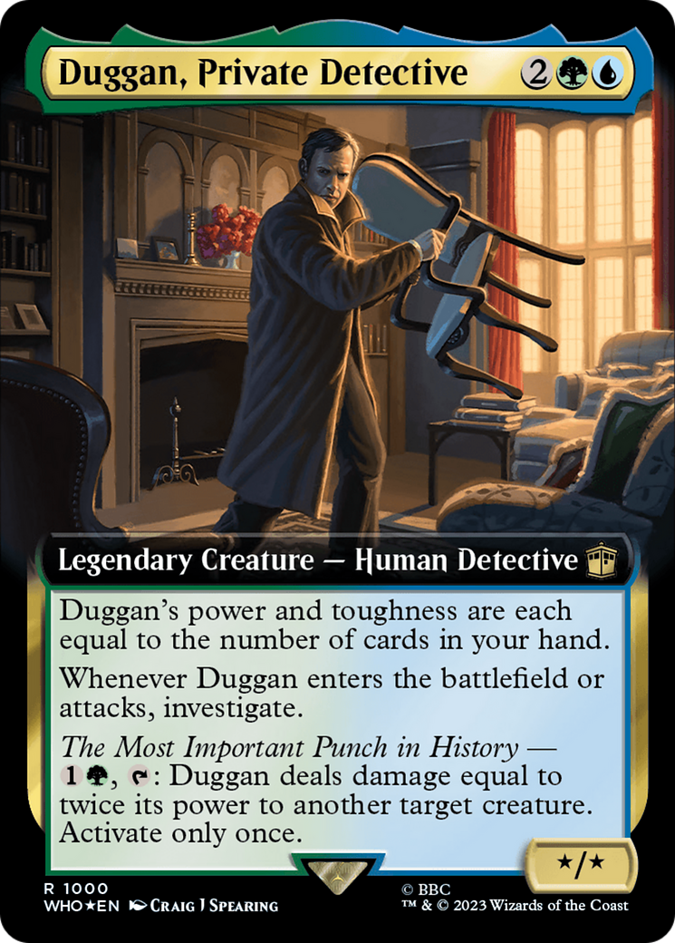 Duggan, Private Detective (Extended Art) (Surge Foil) [Doctor Who] MTG Single Magic: The Gathering    | Red Claw Gaming