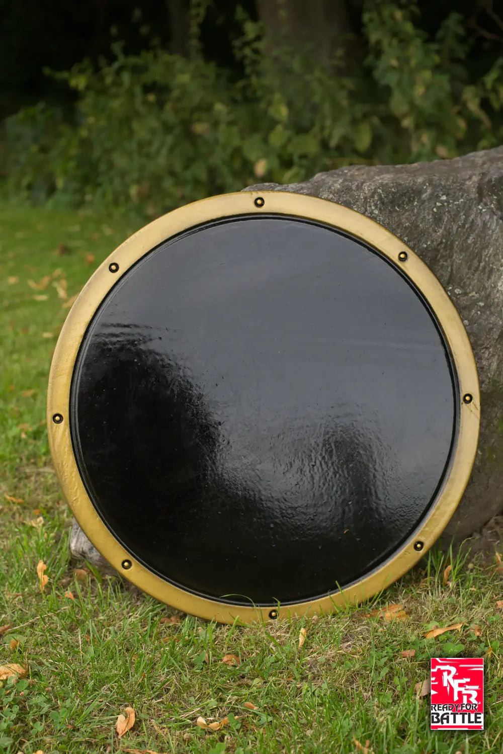 Ready For Battle Round Shield - Black and Gold - 50cm LARP Iron Fortress | Red Claw Gaming