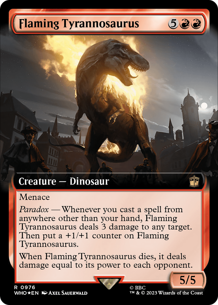 Flaming Tyrannosaurus (Extended Art) (Surge Foil) [Doctor Who] MTG Single Magic: The Gathering | Red Claw Gaming